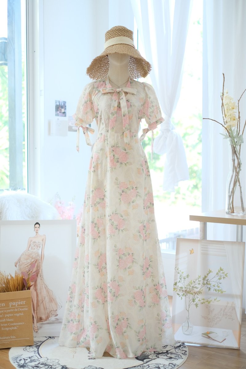 Cotton floral maxi vintage dress Summer wedding guest bridesmaid dress Sundress - 洋裝/連身裙 - 聚酯纖維 白色
