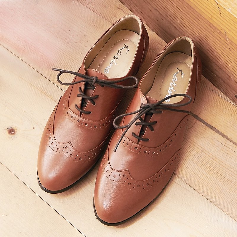 Strap Low Heel Full Leather Oxford Shoes - Brown - Women's Oxford Shoes - Genuine Leather 