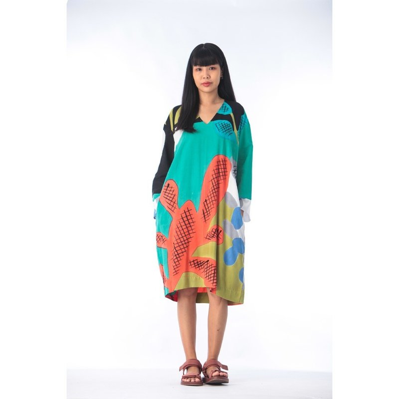 Short Dress Free Size Cotton Rayon Hand Paint - 洋裝/連身裙 - 棉．麻 綠色