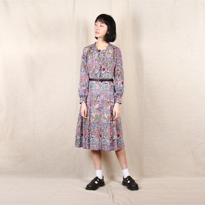 [Eggs] geometric paint plant vintage print vintage dress - One Piece Dresses - Polyester Multicolor