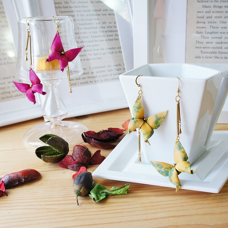 Origami Series-Metamorphosis Butterfly Earrings-A total of 9 custom-made - ต่างหู - หนังแท้ สีเหลือง