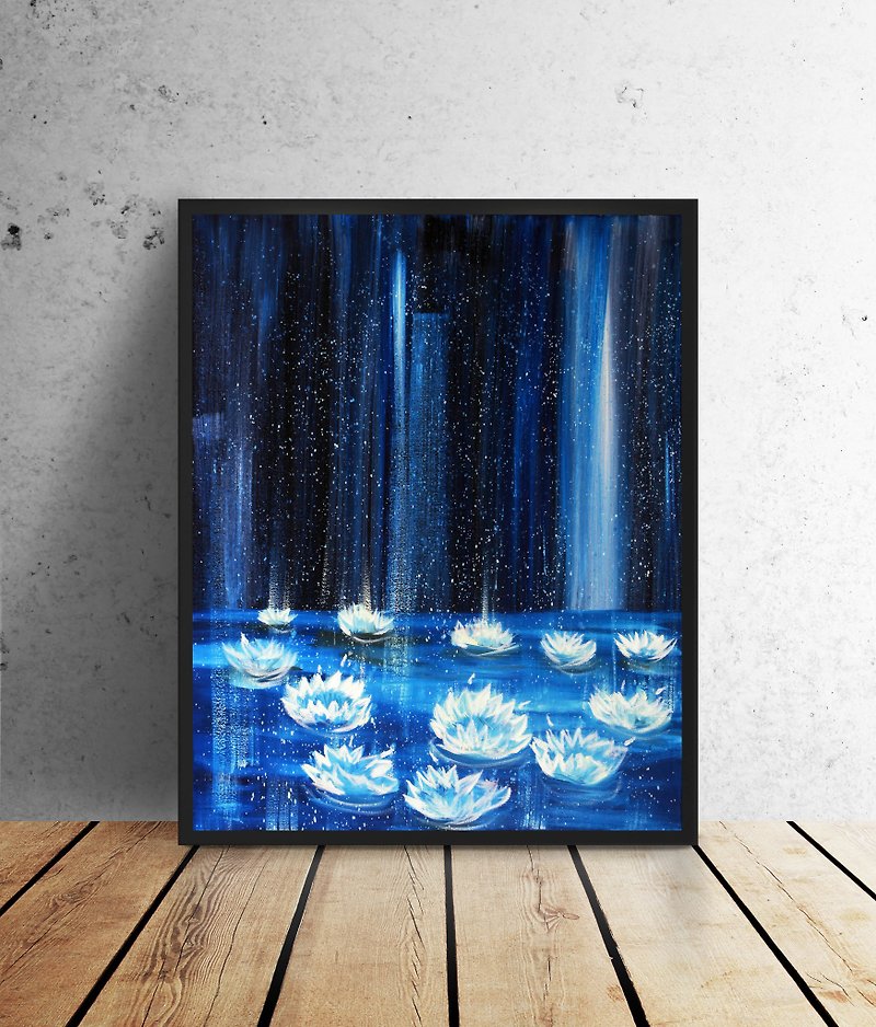 明るい睡蓮のキャンバスの雨のアート - ウォールデコ・壁紙 - コットン・麻 ブルー