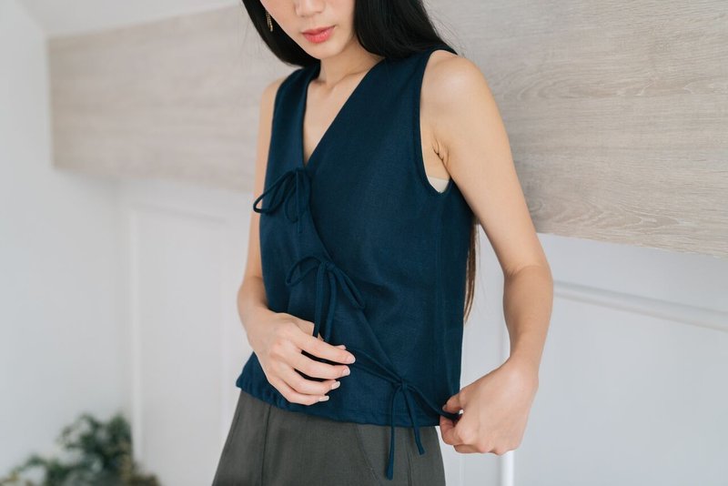 Deep Blue Tie - Front - Top - 女上衣/長袖上衣 - 亞麻 藍色