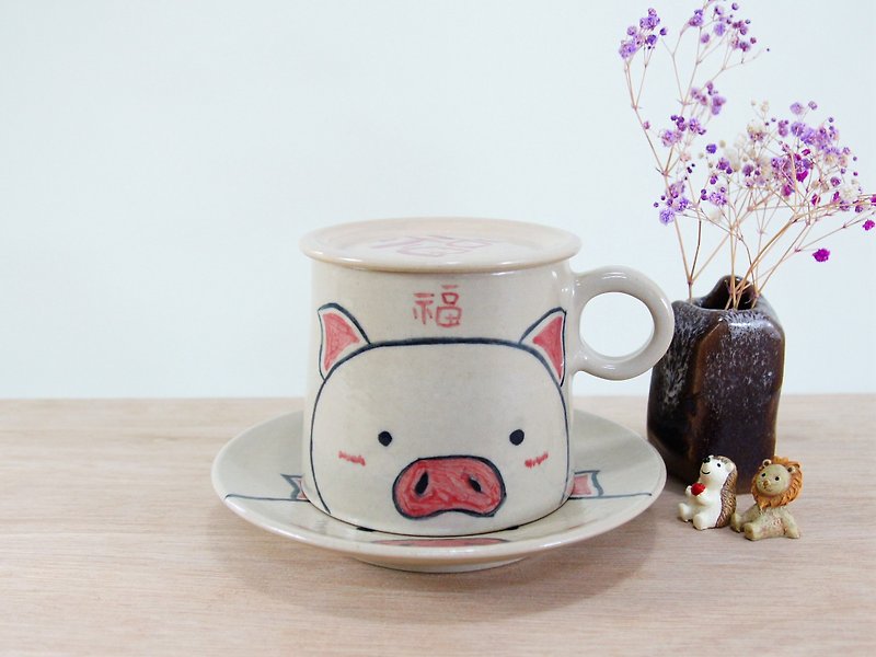 Hand-painted pig coffee cup, teacup, mug, cup, mountain cup - about 350ml - แก้วมัค/แก้วกาแฟ - ดินเผา ขาว