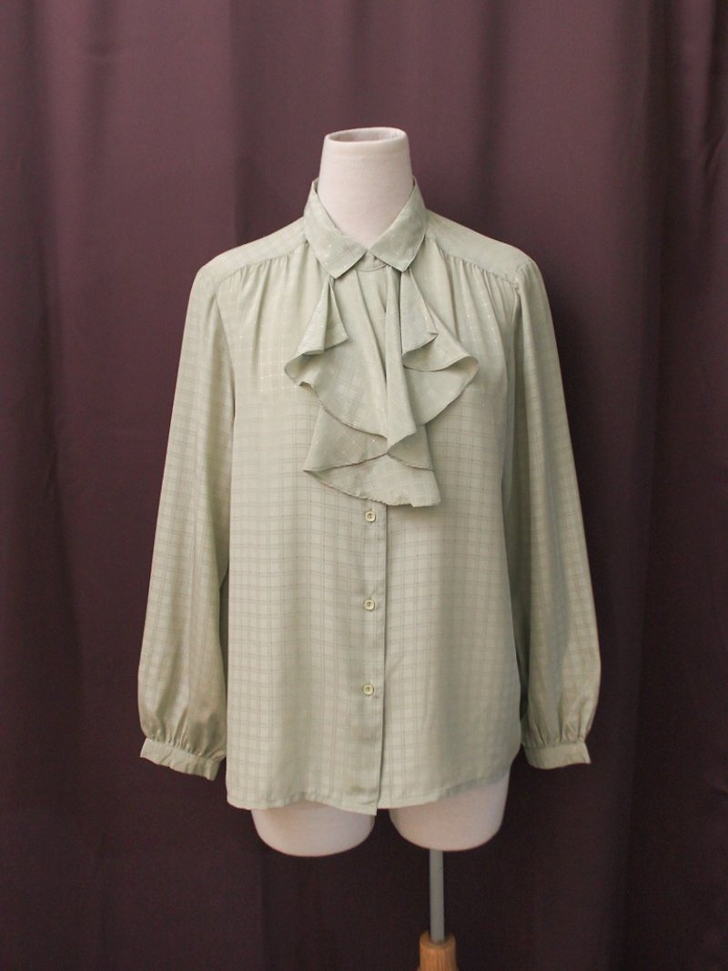 Vintage Japanese elegant plain solid color green plaid bow tie long sleeve vintage shirt - Women's Shirts - Polyester Green