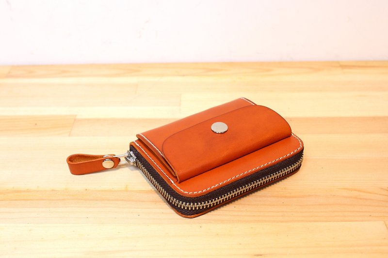 MOOS Italian orange vegetable tanned cow leather handmade zipper card holder with coin purse and hand-sewn leather goods - กระเป๋าสตางค์ - หนังแท้ สีส้ม