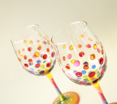 Wine Glasses Rainbow Dots, Hand-painted, set of 2