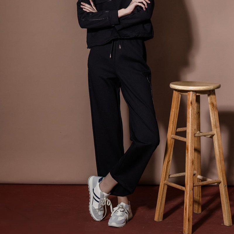 【MEDUSA】黑色金屬感滾邊休閒運動褲(M-XL) | 女運動長褲 - 女長褲 - 其他人造纖維 黑色