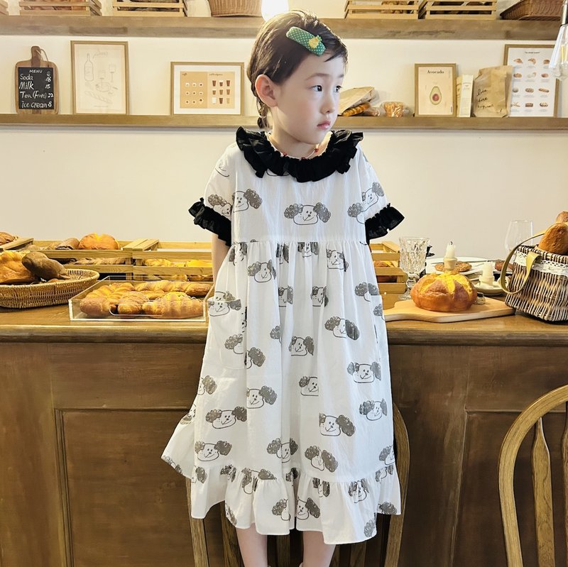 Graffiti Dog Ruffle Collar Cotton Dress/Dress Skirt Children's Clothing - กระโปรง - ผ้าฝ้าย/ผ้าลินิน ขาว