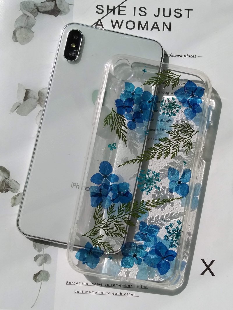 手作押花手機保護殼,iphone XR適用,藍繡球 - 手機殼/手機套 - 塑膠 藍色