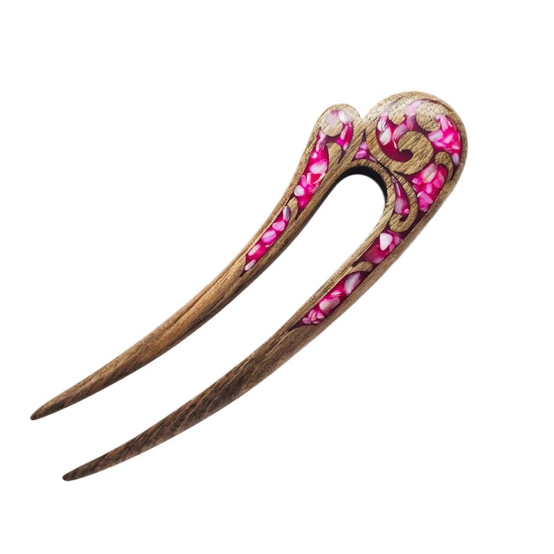 Hair clip, hair pin, carved wooden hair fork with pink stones, gift for her - Hair Accessories - Wood Pink