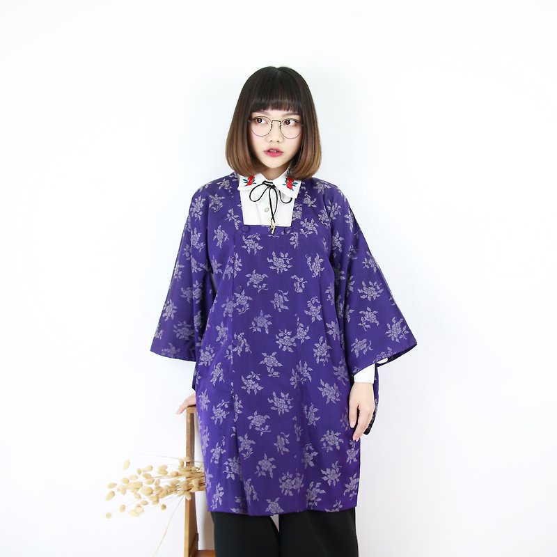 Back to Green 日本帶回道行 靛色 玫瑰滿版 vintage kimonoKD-03 - 女大衣/外套 - 絲．絹 