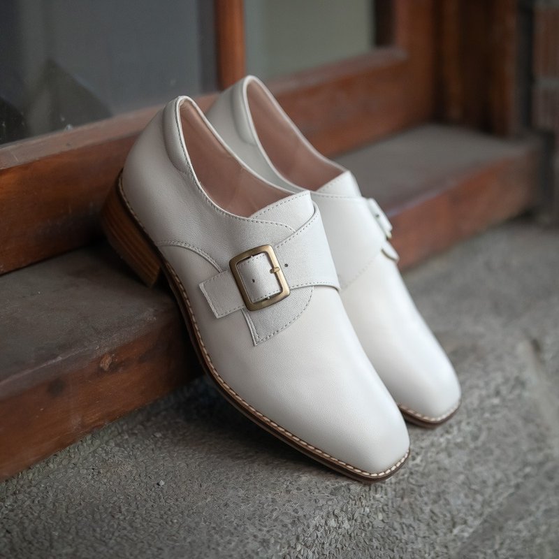 Small Square Toe Monk Shoes_Waxed Wax-White - Women's Oxford Shoes - Genuine Leather 