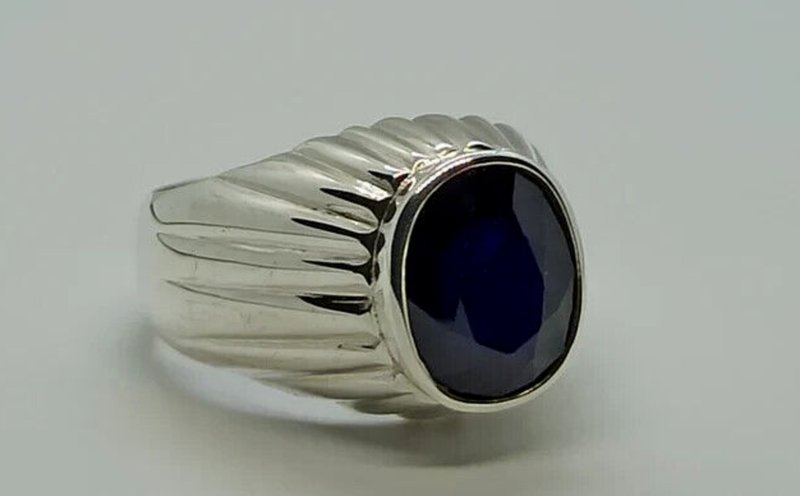 Natural Rare Dark Oval Cut Blue Sapphire Mens Ring Sterling Silver 925 Handmade - 戒指 - 寶石 藍色