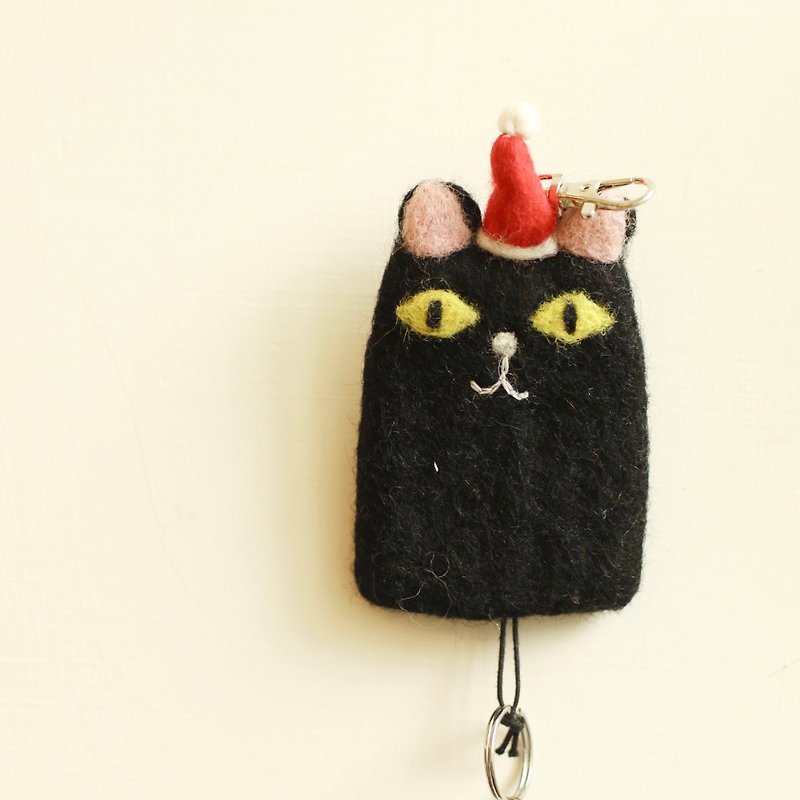 羊毛氈鑰匙包 聖誕黑貓 - 鑰匙圈/鎖匙扣 - 羊毛 黑色