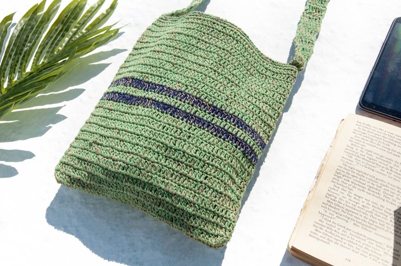 Natural Cotton & Linen Crochet Lightweight Bag / Crossbody Bag / Shoulder Bag / Tote Bag - Blueberry Matcha - กระเป๋าแมสเซนเจอร์ - ผ้าฝ้าย/ผ้าลินิน สีเขียว