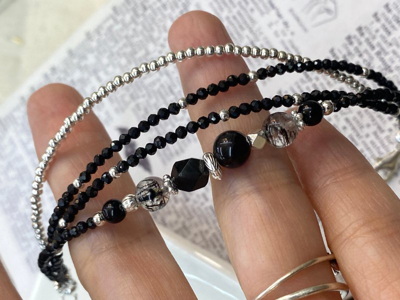 Black shiny brunette obsidian black spinel sterling silver design bracelet - สร้อยข้อมือ - คริสตัล 