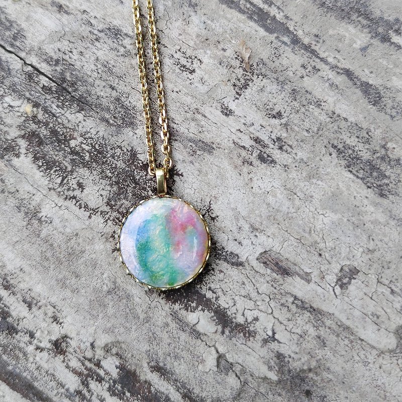 Mini picture frame-imitation opal enamel painting necklace-pink/ Bronze/ Gemstone - Necklaces - Other Metals Multicolor