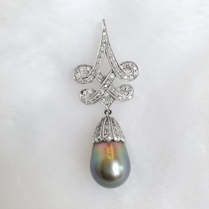 [Maven Expert Jewelry] Tahitian Black Pearl Diamond Pendant - Necklaces - Pearl 