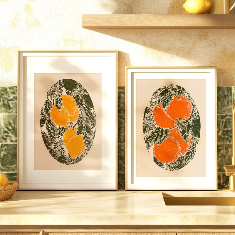 Gallery wall set of 2 Vintage lemons oranges fruits linocut print Kitchen art - 壁貼/牆壁裝飾 - 紙 綠色