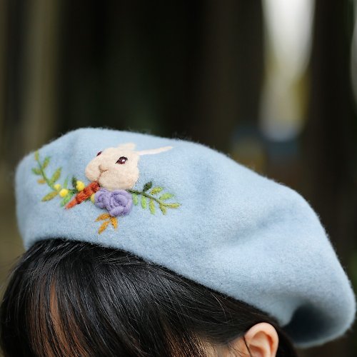 軻人造物 軻人秋冬季新款手工貝雷帽畫家帽羊毛氈兔子圖案女蓓蕾帽可愛甜美