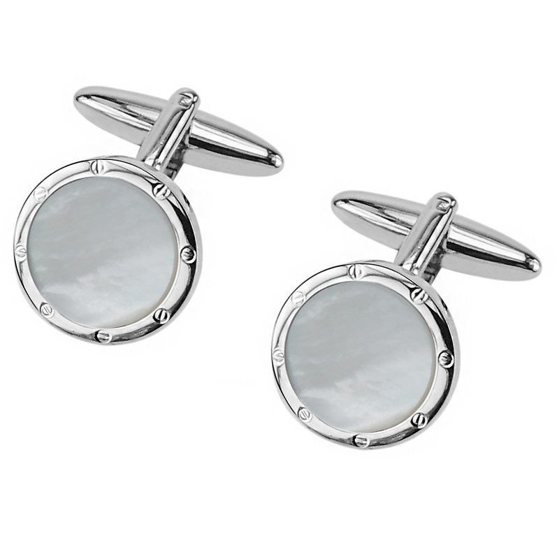 White Mother of Pearl Round Screw Cufflinks - Cuff Links - Other Metals White