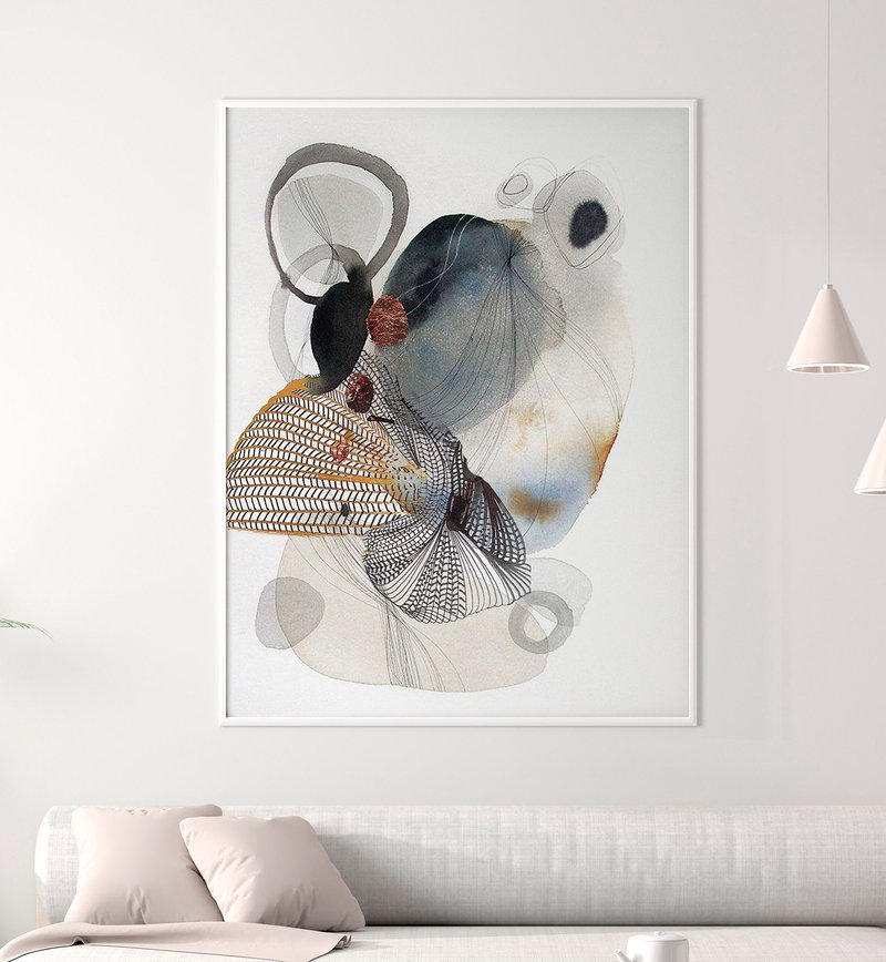 Alcohol Ink Art | Minimalist Wall Art | Grey Abstract Painting | Dancing Forms - 壁貼/牆壁裝飾 - 棉．麻 灰色