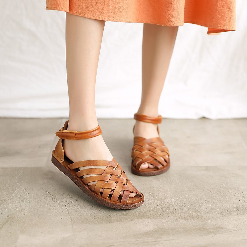 Handmade Leather Gladiator Sandals Women Flat Flip Flops Knitting Sandals - Sandals - Genuine Leather Brown