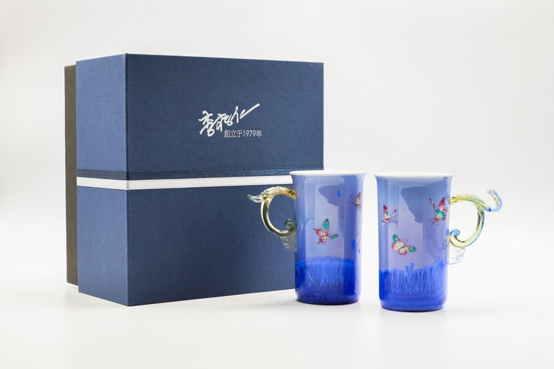 存仁堂-深藍結晶釉蝴蝶合歡對杯 - 茶壺/茶杯/茶具 - 瓷 