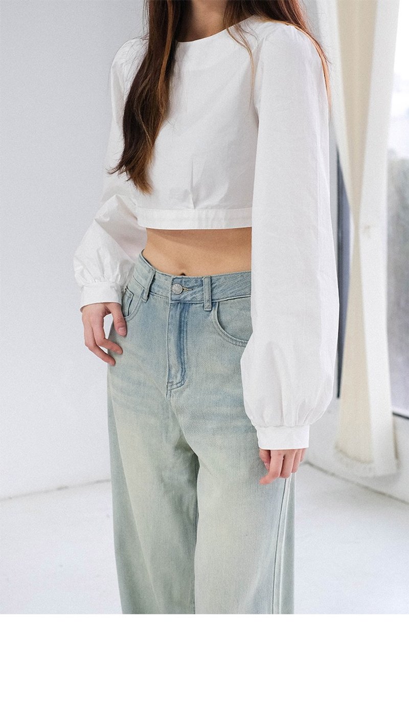 Light blue loose simple gradient white washed vintage jeans - กางเกงขายาว - ผ้าฝ้าย/ผ้าลินิน 