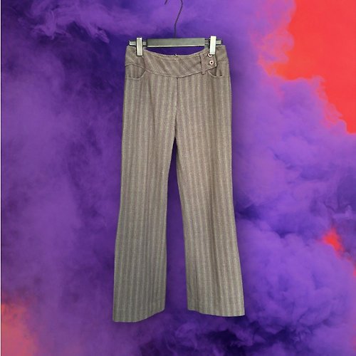 蘿綺莉蕾芭索 二手 灰紫 西裝布 條紋 微厚 口袋 微喇叭 低腰 30 長褲 G101