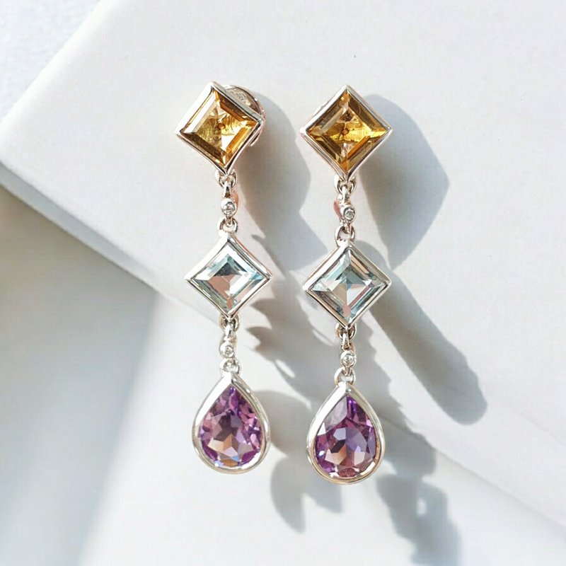 Citrine, Blue topaz, Amethyst earrings with CZ, Silver setting - 耳環/耳夾/耳骨夾 - 寶石 多色
