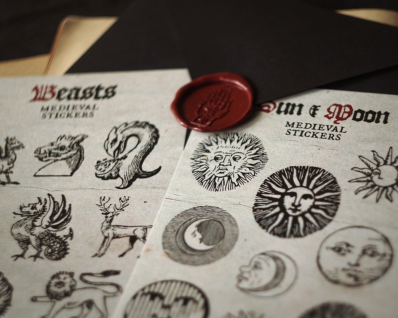 กระดาษ สติกเกอร์ สีกากี - Medieval Vintage Stickers - Beasts and Sun & Moon 2 sheets