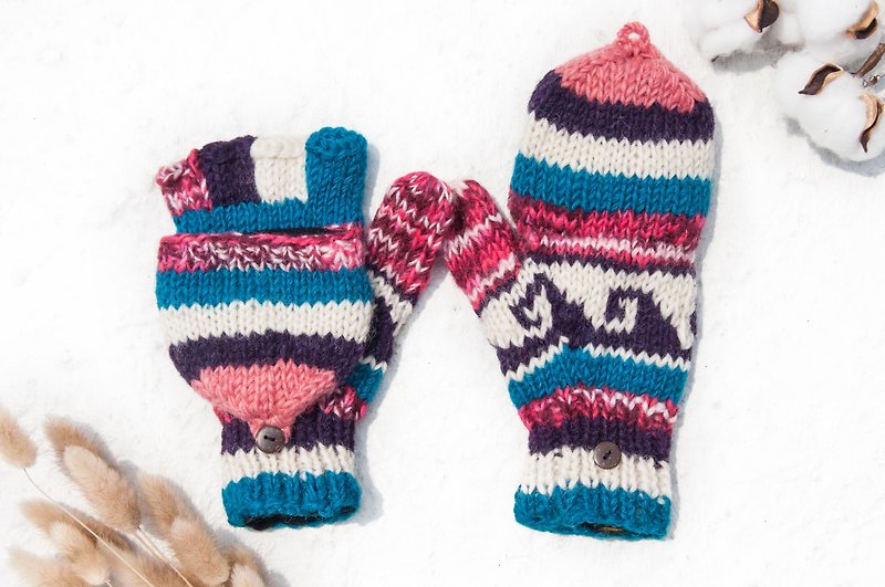 Hand-knitted pure wool knit gloves / detachable gloves / inner bristled gloves / warm gloves - macarons party - Gloves & Mittens - Wool Multicolor