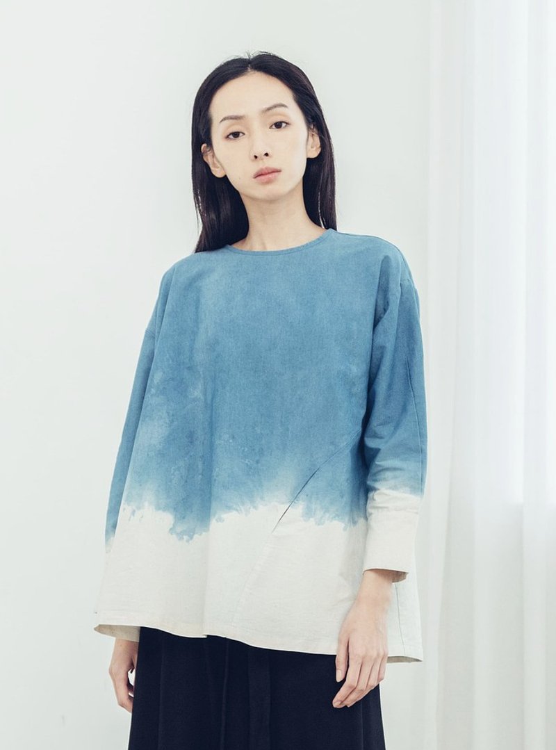 摺衣 半開襟長袖上衣 (藍染/茜草) Organic Cotton & Recycle - 女上衣/長袖上衣 - 棉．麻 藍色