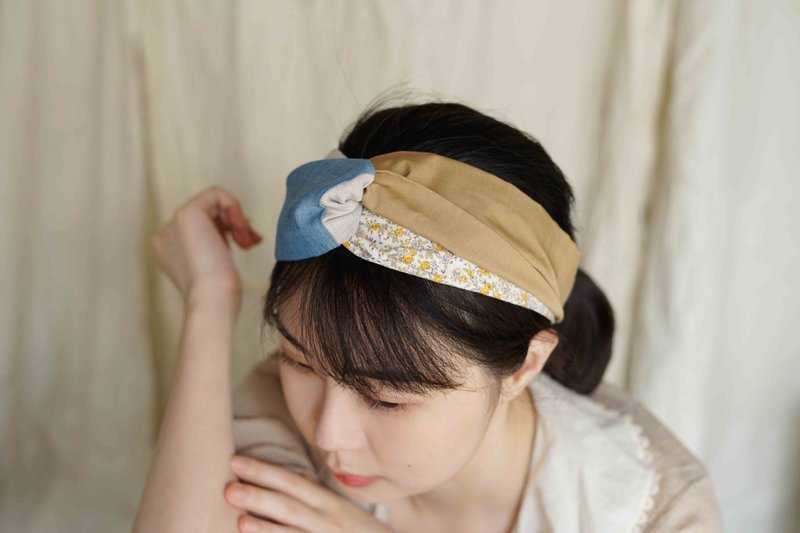 wabisabi日式四色配色交叉鬆緊髮帶-漫步在林間-卡其藍 - 髮箍/髮帶 - 棉．麻 卡其色