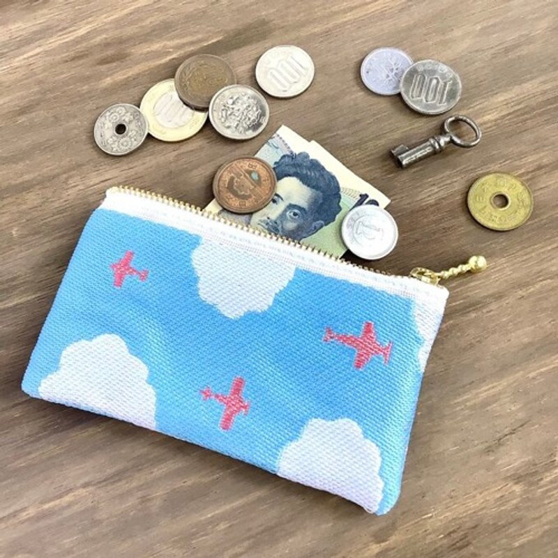 【飛行機と雲】畳縁　ぺたんこ　ミニポーチ　小銭入れ　カードケース　空　雲　そらいろ - 化妝包/收納袋 - 其他材質 藍色