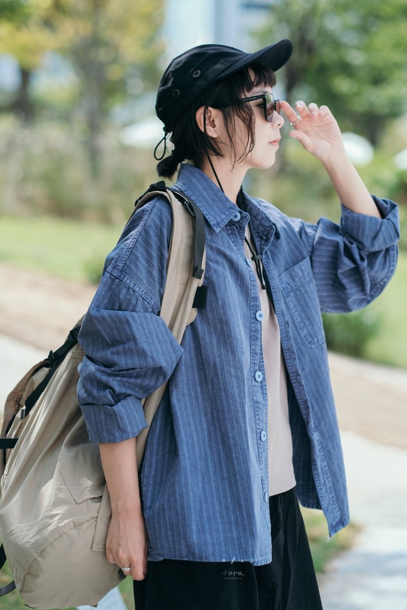 Tobacco Old Wash Color Loose Striped Shirt Unisex Retro Washed - 3 Colors - Blue and Purple Tobacco - Women's Shirts - Cotton & Hemp Black