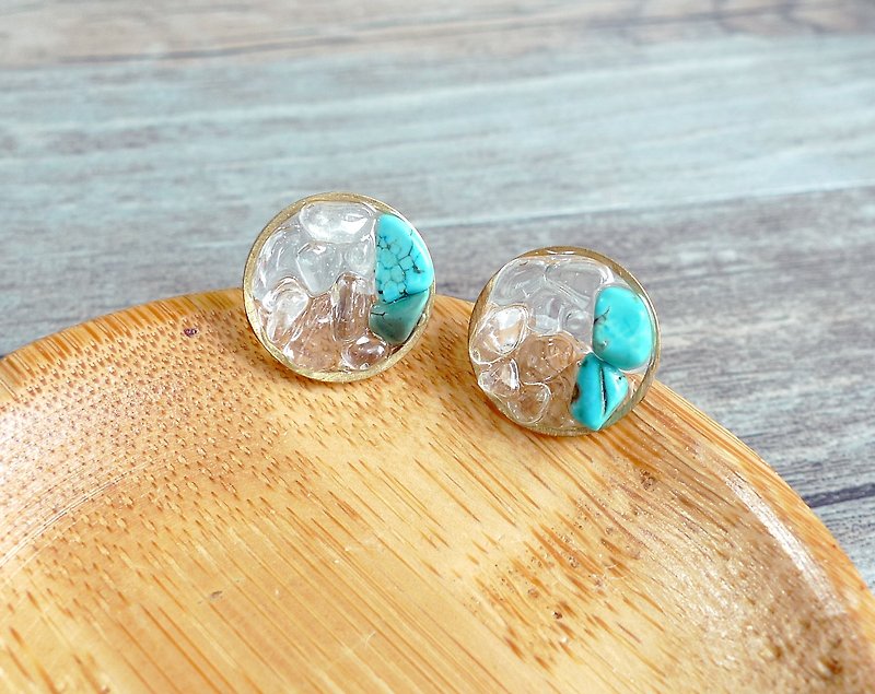 Misssheep-Brass X White Crystal X Turquoise Time Gemstone Halftone Earrings (Ear Clip) - ต่างหู - วัสดุอื่นๆ 