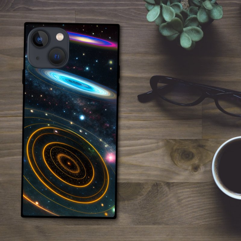 Mysterious and colorful universe with beautiful circles Square smartphone case [Tempered glass finish] Compatible with iPhone 16 - เคส/ซองมือถือ - พลาสติก หลากหลายสี