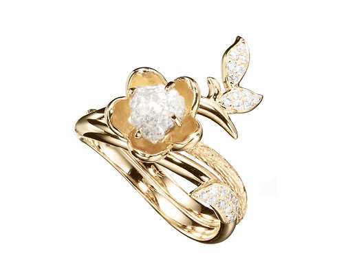 Majade Jewelry Design 鑽石鑽胚14k黃金梅花求婚戒指套裝 獨特植物原石訂婚戒指組合
