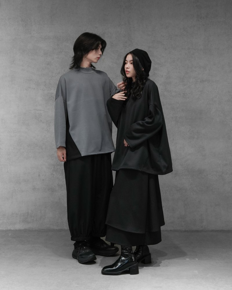 MUKK DESIGN 拼貼寬立領磨毛針織九分袖上衣-灰 - 女上衣/長袖上衣 - 聚酯纖維 灰色