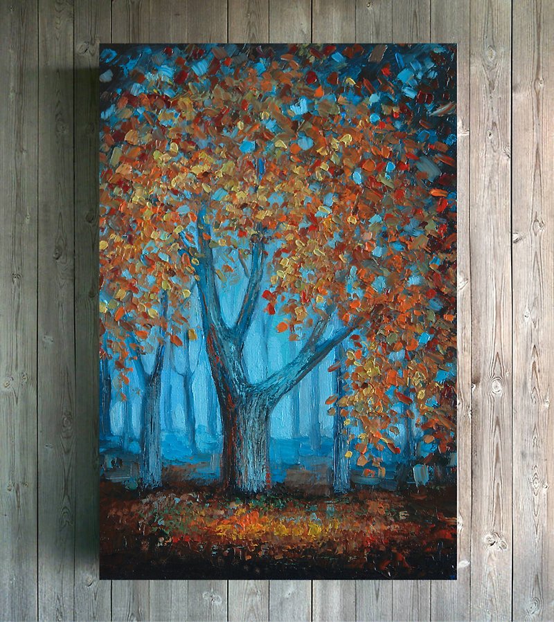 Autumn fog forest Original oil painting Impasto mini art Autumn trees Wall art - ตกแต่งผนัง - วัสดุอื่นๆ สีส้ม