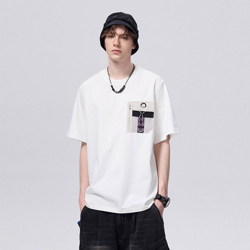 夏季工裝口袋短袖T恤  男士運動純棉上衣 - 男 T 恤 - 棉．麻 黑色