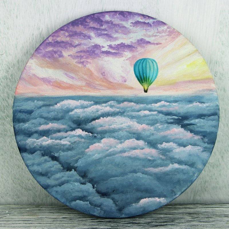 Hot air balloon in the sky / Original acrylic painting Creation Painting indoor - โปสเตอร์ - ผ้าฝ้าย/ผ้าลินิน สีน้ำเงิน