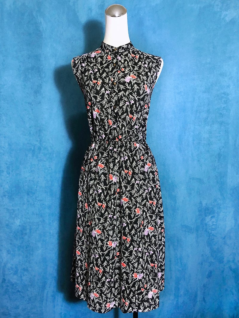 Small collar flower sleeveless vintage dress / bring back VINTAGE - ชุดเดรส - เส้นใยสังเคราะห์ สีดำ