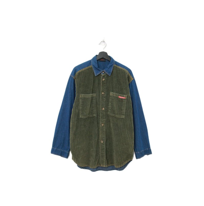Back to Green-燈芯絨長袖襯衫 墨綠x牛仔拼接  DL-10//vintage - 男襯衫/休閒襯衫 - 棉．麻 