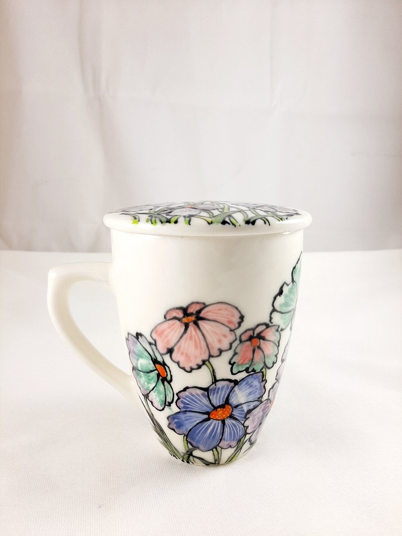 波斯菊有蓋馬克杯 - 咖啡杯/馬克杯 - 瓷 白色