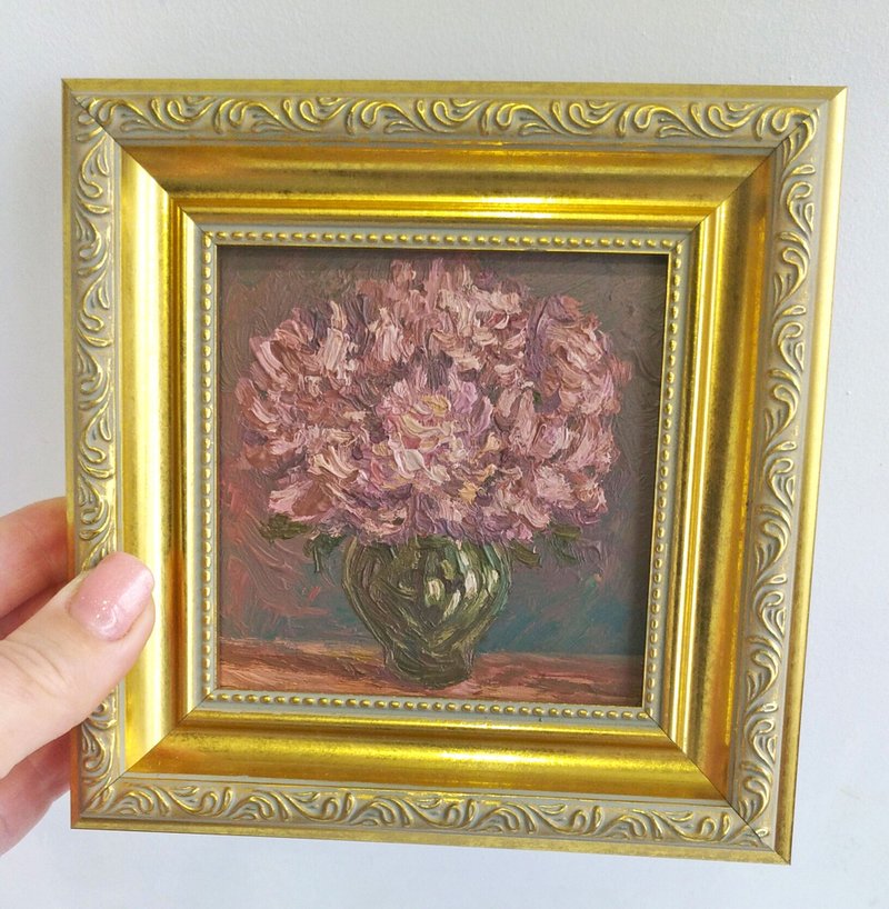 Floral Painting,Framed Wall Art,Peonies Oil Painting,Original Art,Gift for Her - ตกแต่งผนัง - วัสดุอื่นๆ สึชมพู