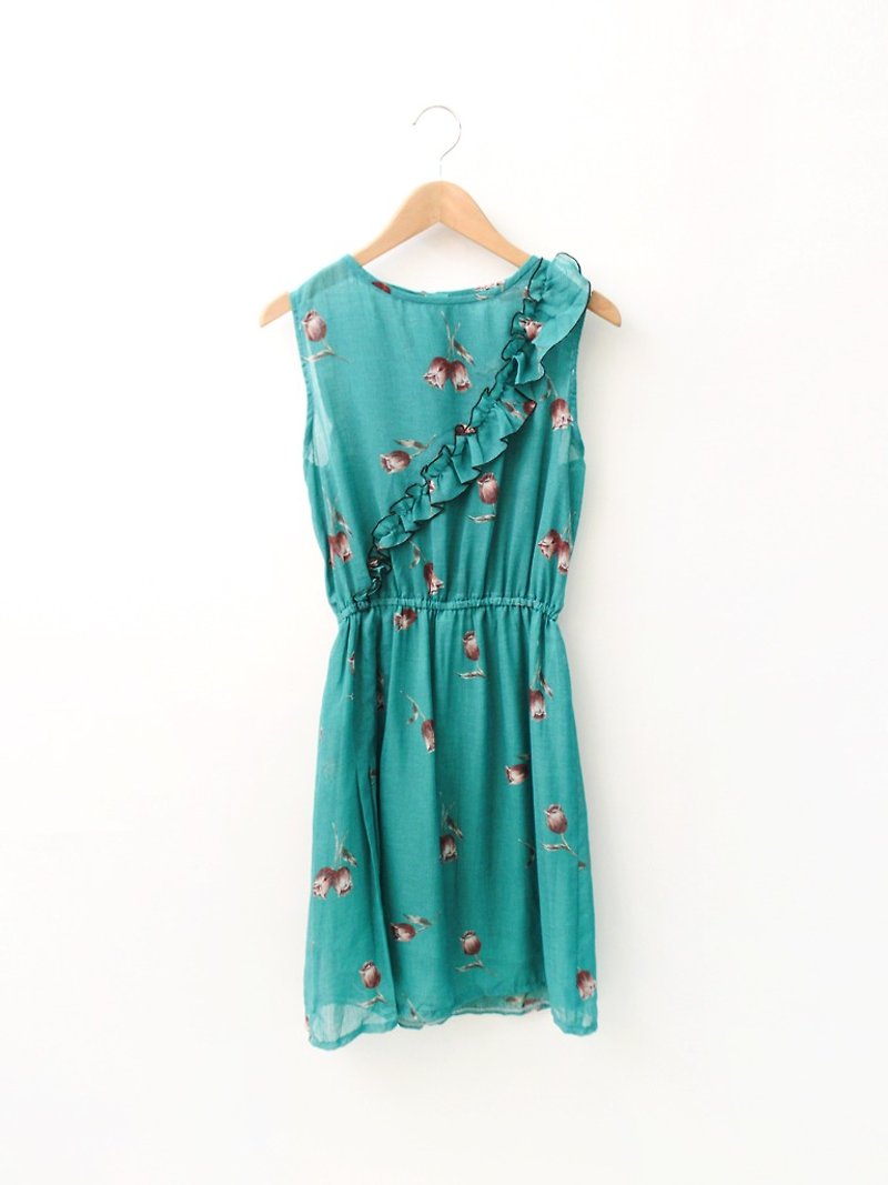 Vintage Blue Green Flowers Sleeveless Vintage Dress Vintage Dress-SALE - One Piece Dresses - Polyester Green